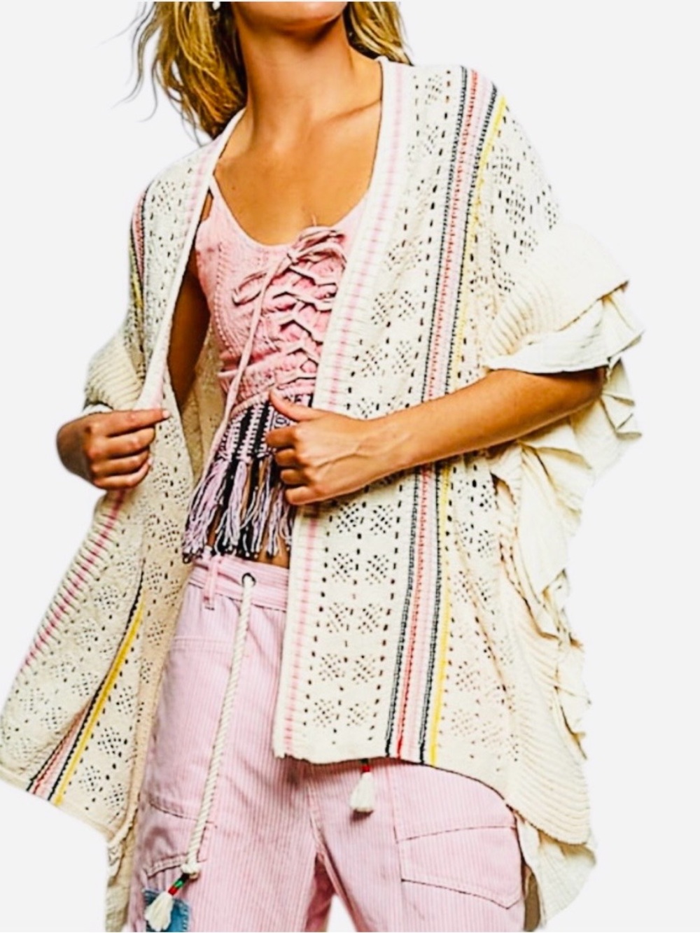 POL Cream Open-Knit Fringe Poncho with Pastel Stripe Accents